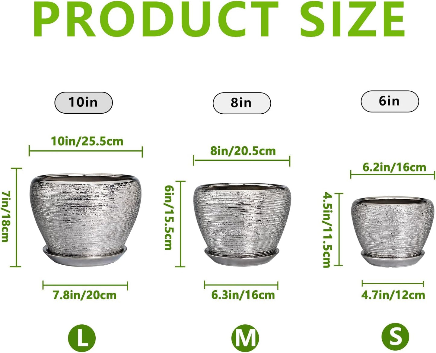 Ceramic Planters - 10 Inch 8 Inch 6 Inch Plant Pots Indoor with Drainage Holes and Saucer Mid-Century Large Planters Outdoor Flower Pots for Home Decor Set of 3 Silver