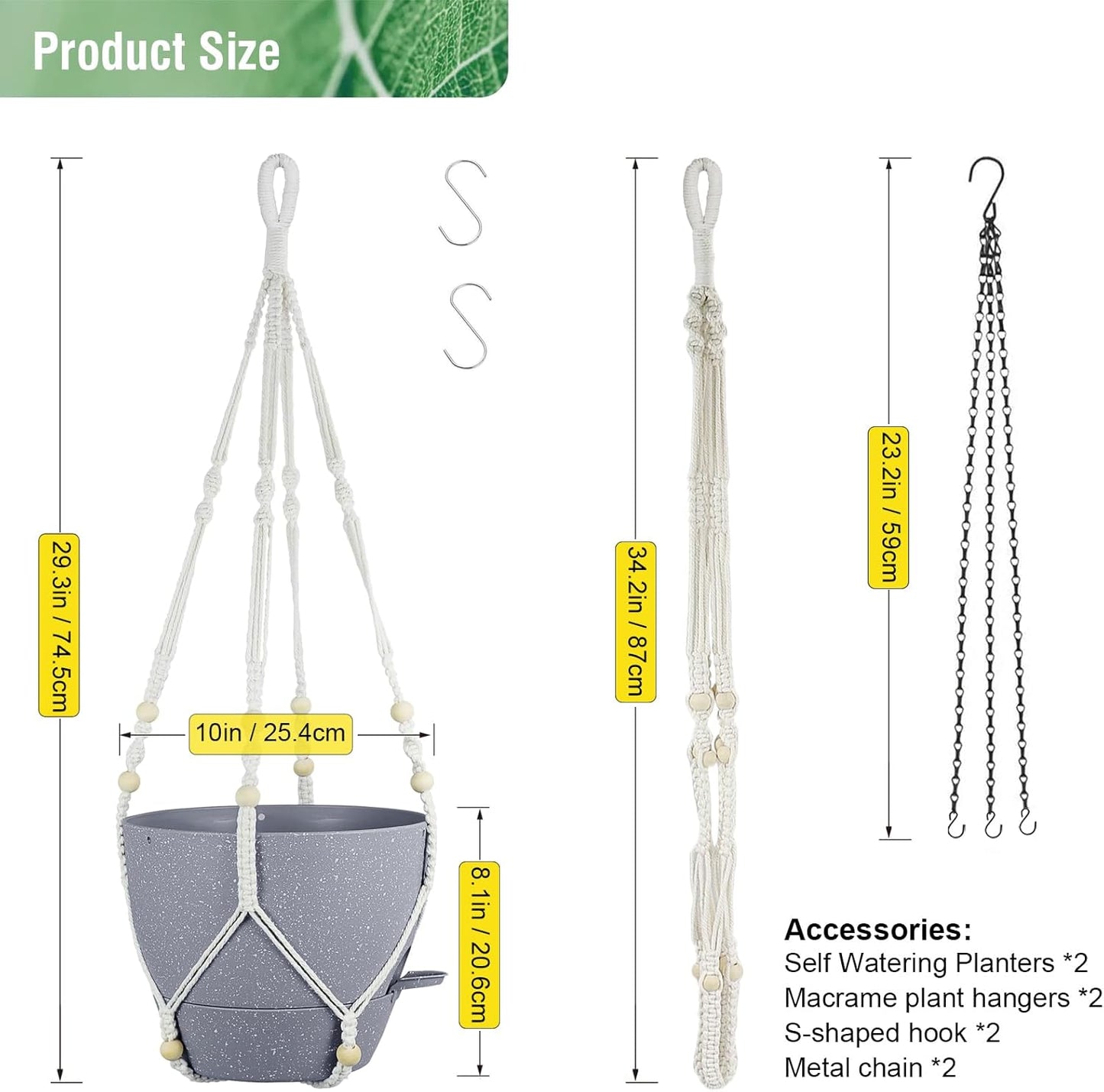 Self Watering Hanging Planters 10 inch, 2 Pack Hanging Flower Pots for Indoor Outdoor Plants, Hanging Baskets with Drainage Holes & 2 Kinds of Plant Hangers for Garden Decor, Speckled Grey