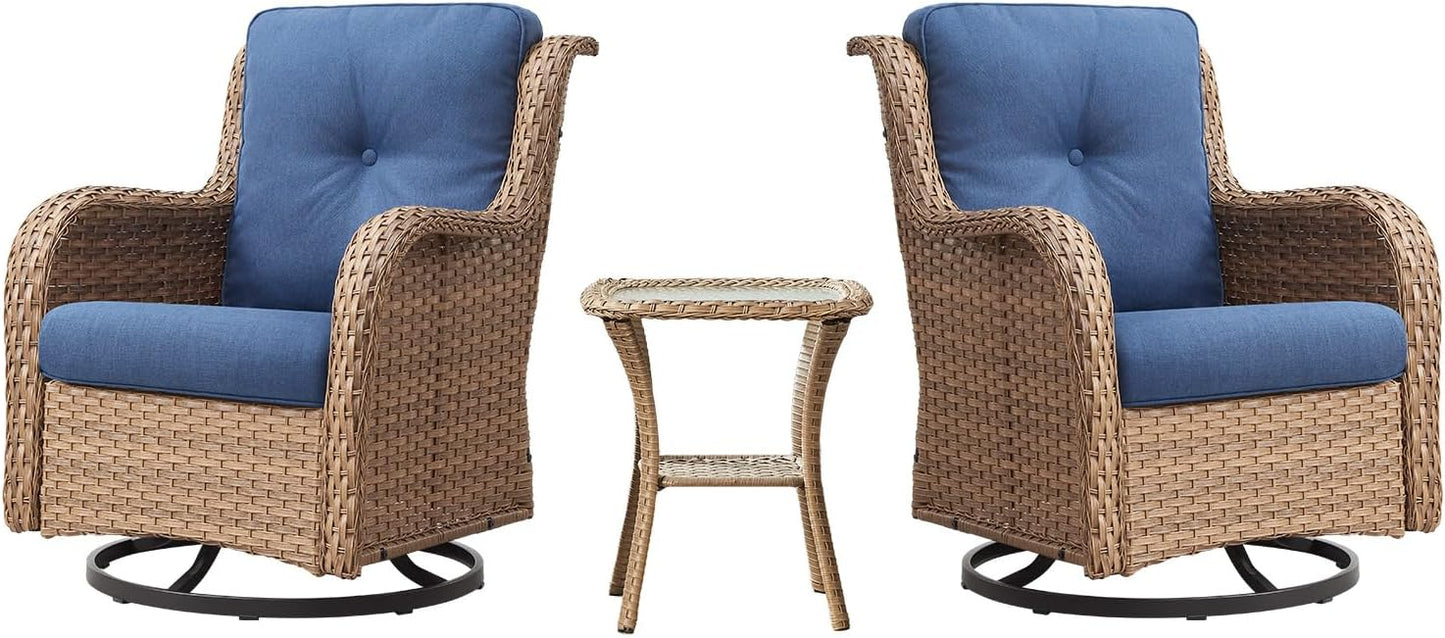 Outdoor Swivel Rocker Patio Chairs - 360 Degree Swivel Glider Seating 350LBS Weight Capacity 3 Piece Wicker Rocking Chairs Set with Side Table for Porch Balcony Deck, Yellow/Blue