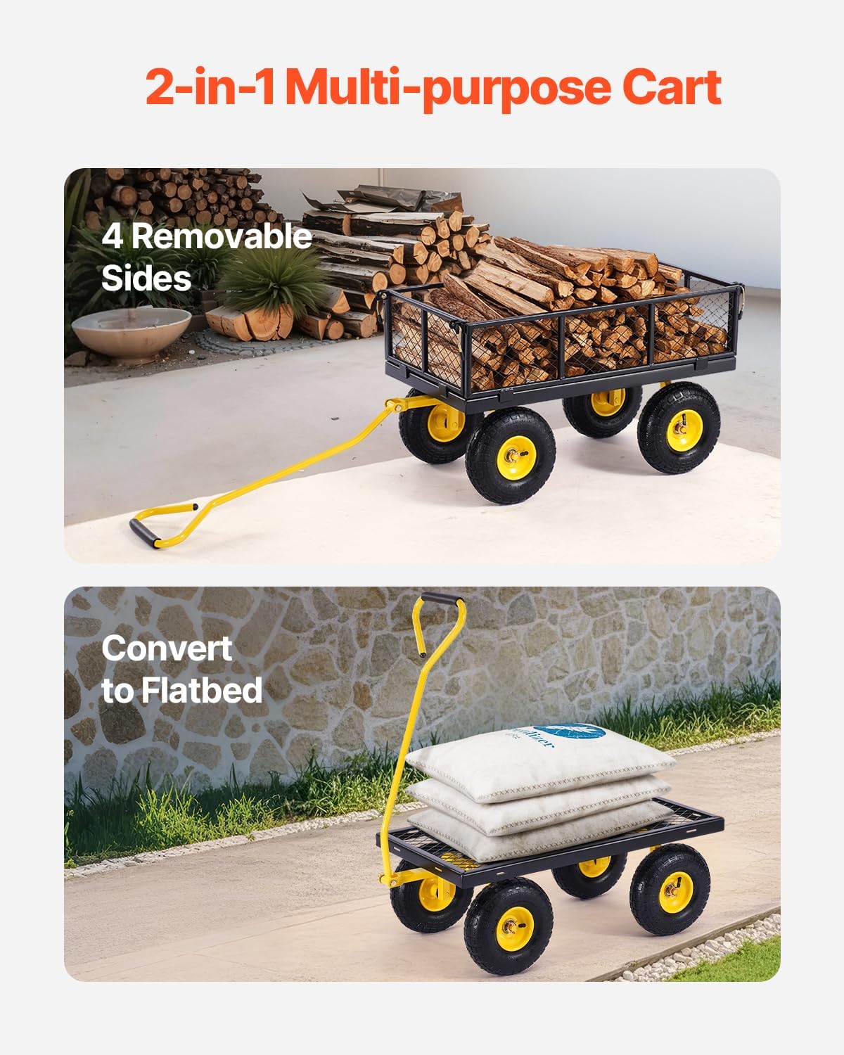 VEVOR 500 Lbs Steel Garden Cart, Heavy Duty Garden Wagon Cart Pullable on Wheels, Metal Yard Utility Wagon Carts with 10" All Terrain Tires, Mesh Removable Sides and 180°Rotating Handle