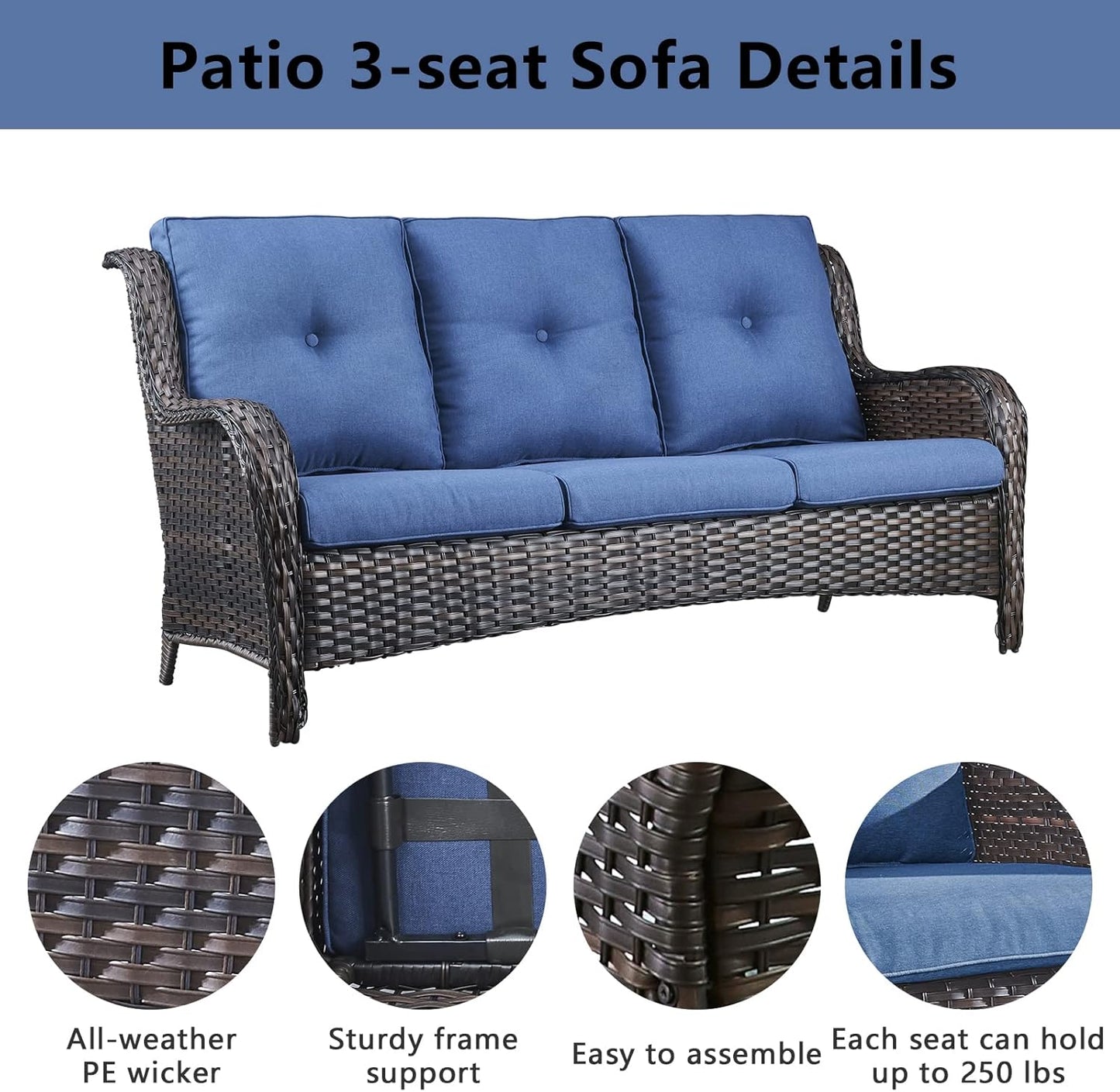 Wicker Patio Furniture Sets - 13 Piece Outdoor Rattan Furniture Conversation Sets with 4 Swivel Rocker Chairs, 2 Rattan Sofas, Wicker Ottomans and Coffee Table, Brown/Blue