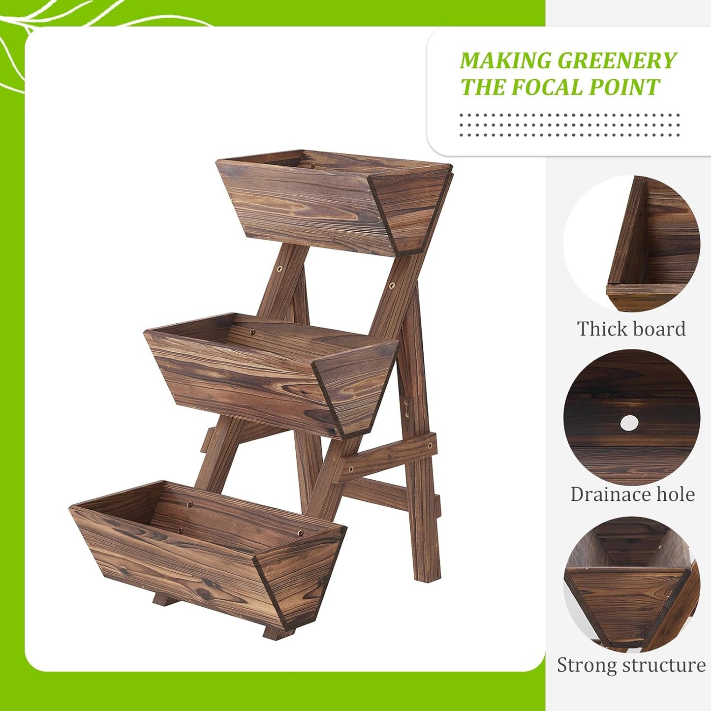 3-Tiers Wooden Raised Garden Bed Tiered Planter Box Vertical Garden Planter Wood Plant Stand for Patio, Balcony, Freestanding (Carbonized S)