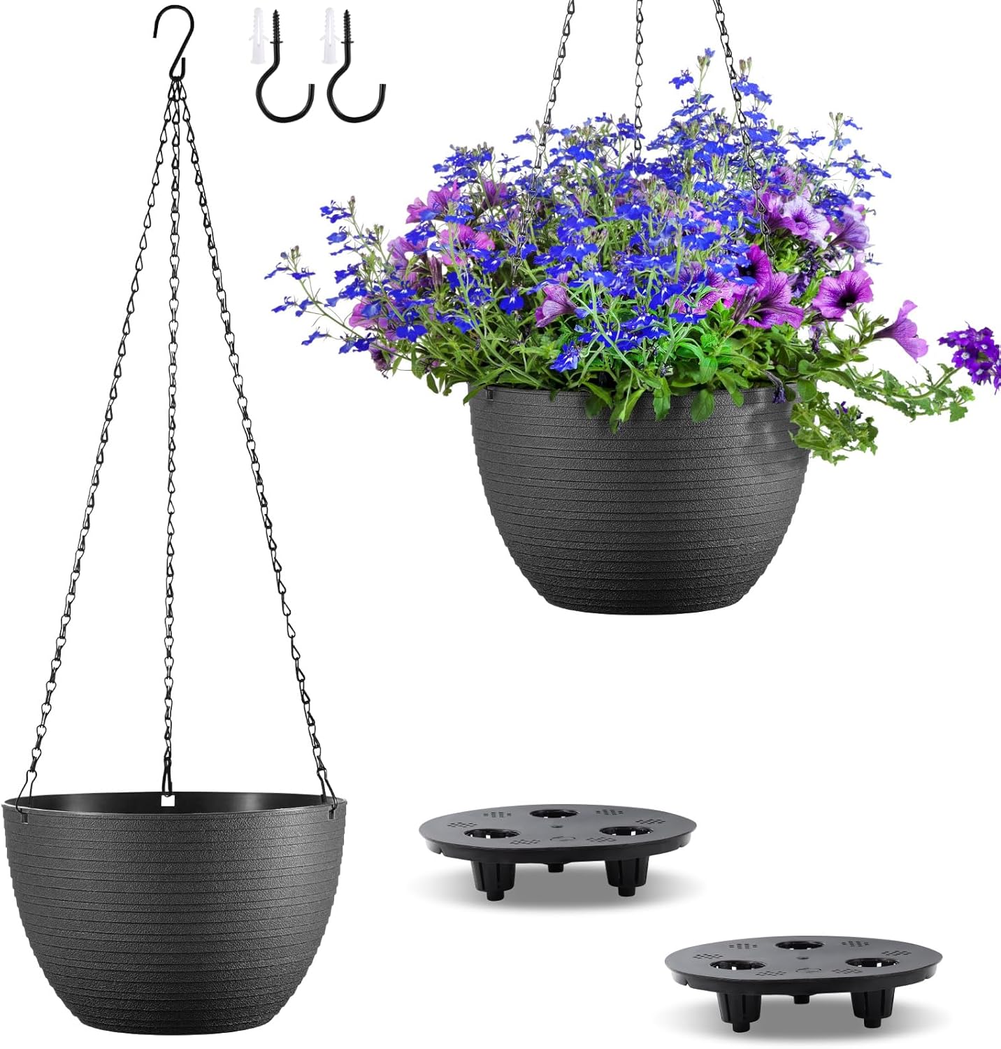 Hanging Planters for Indoor Outdoor Plants, Set of 2 Self Watering Hanging Pots with Drainage Hole & Plug and 20" Chain & Hooks