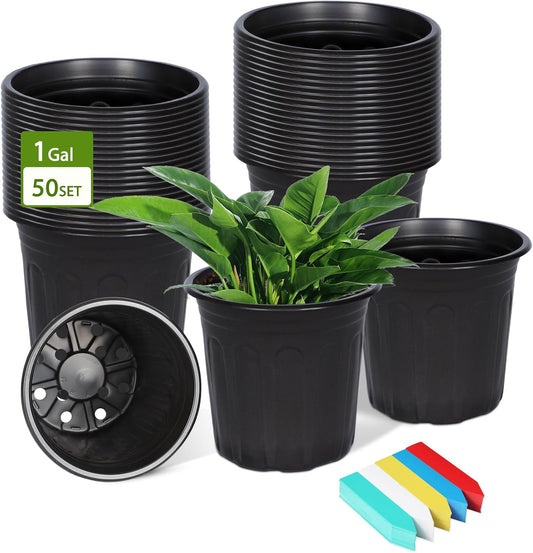 DI QIU REN 50-Pack 1 Gallon Flexible Plant Nursery Pots, Plastic Plant Garden Pots with Drainage Holes, Plastic Flower Plant Seedling Pots with 100Pcs Plant Labels for Plants, Cuttings, Transplanting