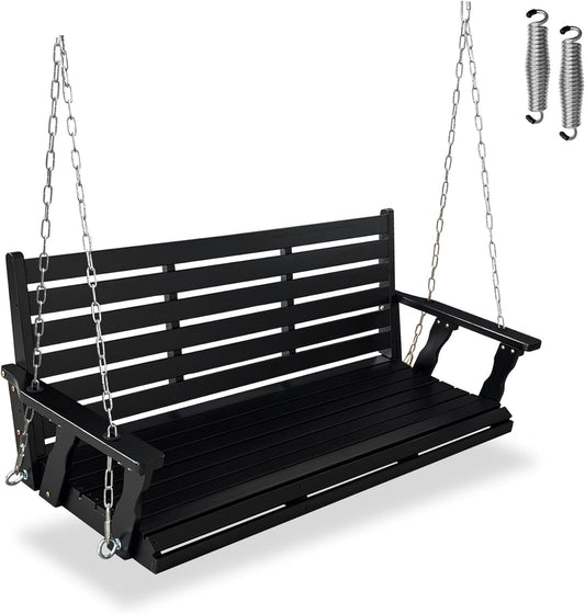 Wooden Porch Swing, Ergonomic Seat, Bench Swing with Hanging Chains and 7mm Springs, Heavy Duty 880 LBS, for Outdoor Patio Garden Yard (Matte Black, 3-Seater Extra Large)