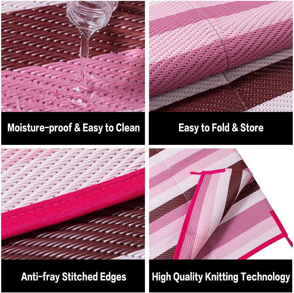 Outdoor Waterproof Rug 8'x10' Plastic Straw Rugs Washable Reversible Floor Mat Pink Stripe Carpet for Camping RV Deck Entryance Porch Picnic Balcony Beach Backyard