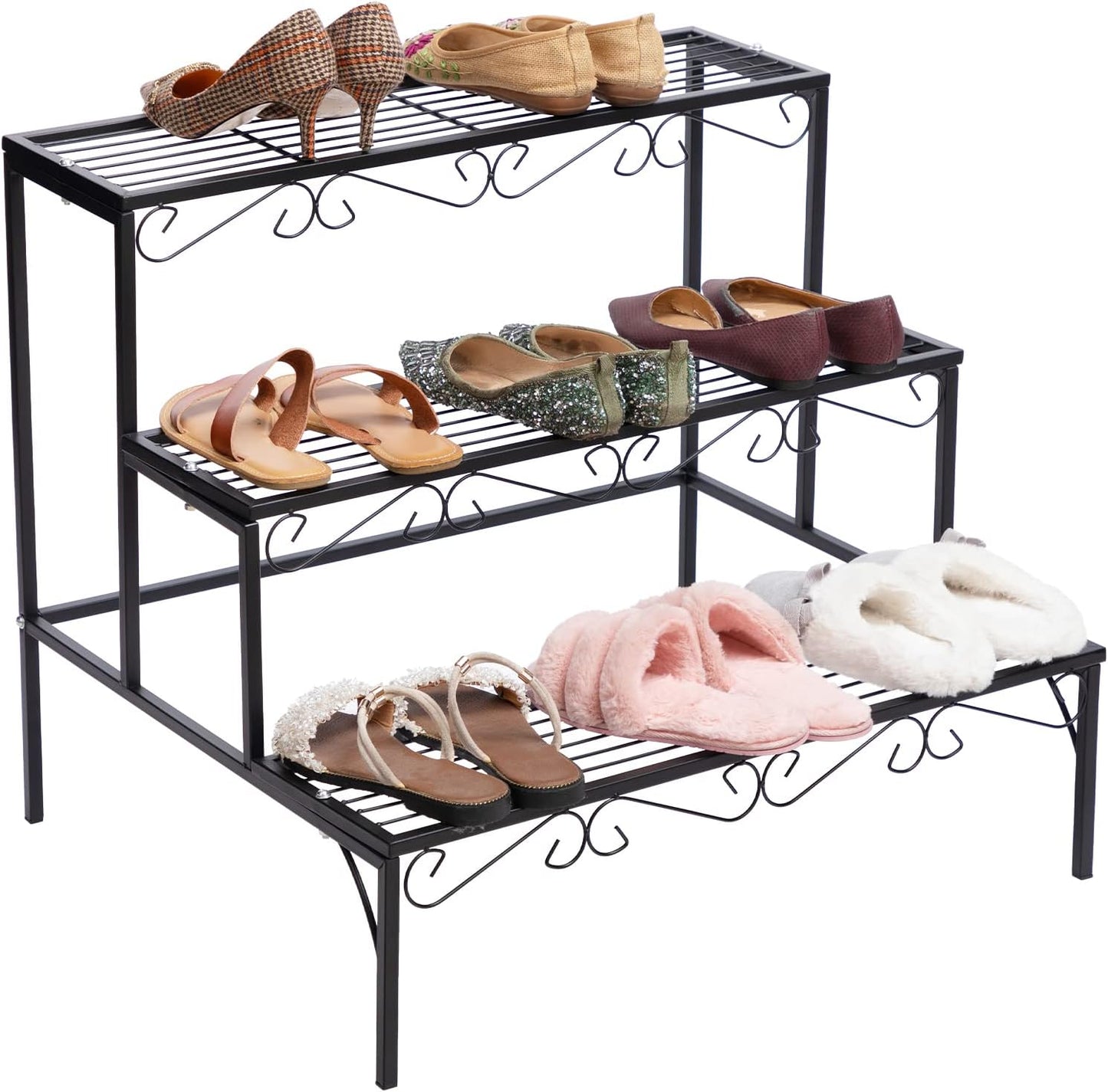 DOEWORKS 3 Tier Stair Style Metal Plant Stand, Garden Shelf for Large Flower Pot Display Rack Indoor Outdoor, Black