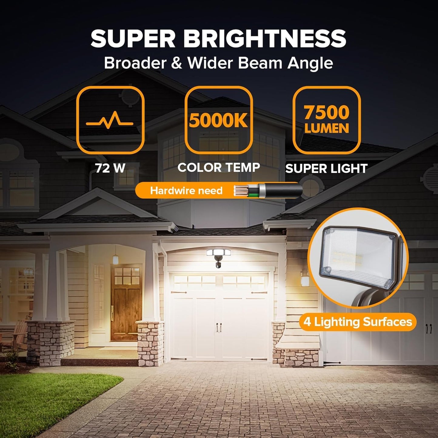 LUTEC 72W 7500LM LED Security Lights Motion Sensor Light Outdoor, 5000K Daylight, IP65 Waterproof, Dusk to Dawn, 3-Head Motion Detected Flood Light for Garage, Yard, Porch(Brown)