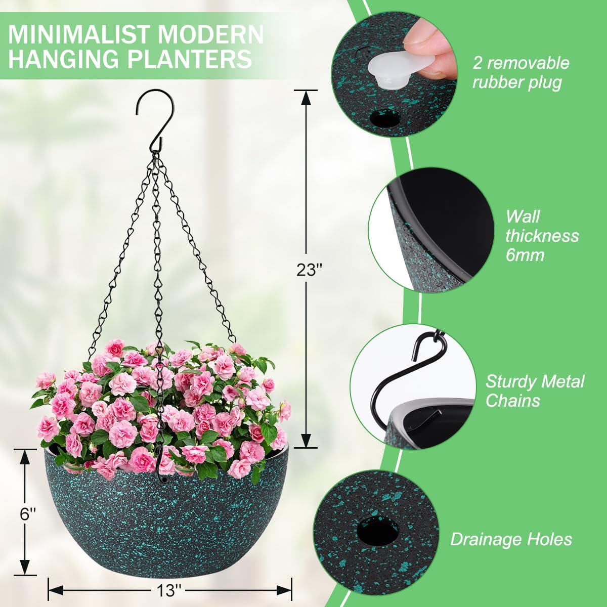 12 inch Hanging Planters for Indoor Plants, 2 Pack Planters for Outdoor Plants with Drainage Holes and Chain, Round Plastic Hanging Baskets, Hanging Flower Pots for Balcony Garden Decor-Black Speckle