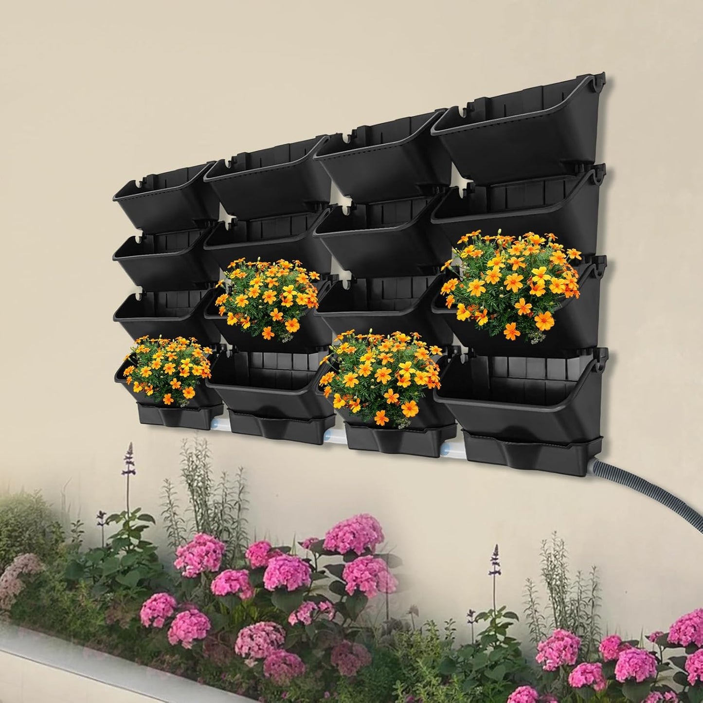 20Pack Vertical Wall Planter, 13 inch Wall Mounted Garden Planters, Stackable Wall Hanging Planter, Plastic Flower Pot with 4 Drainage Tray & 6.56FT Drainage Pipe for Indoor and Outdoor (Black)
