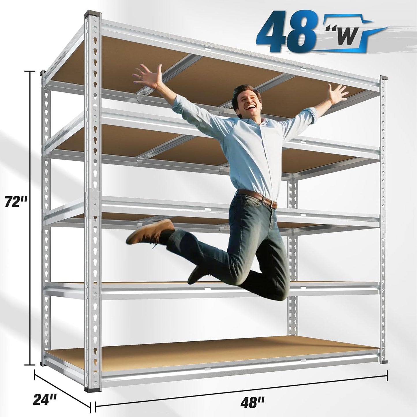 REIBII Garage Shelving, 5 Tier Storage Shelves Load 3020LBS, Adjustable Garage Shelving Heavy Duty, Metal Shelves Unit for Basement, Warehouse, 48" W x 72" H x 24" D, Galvanized