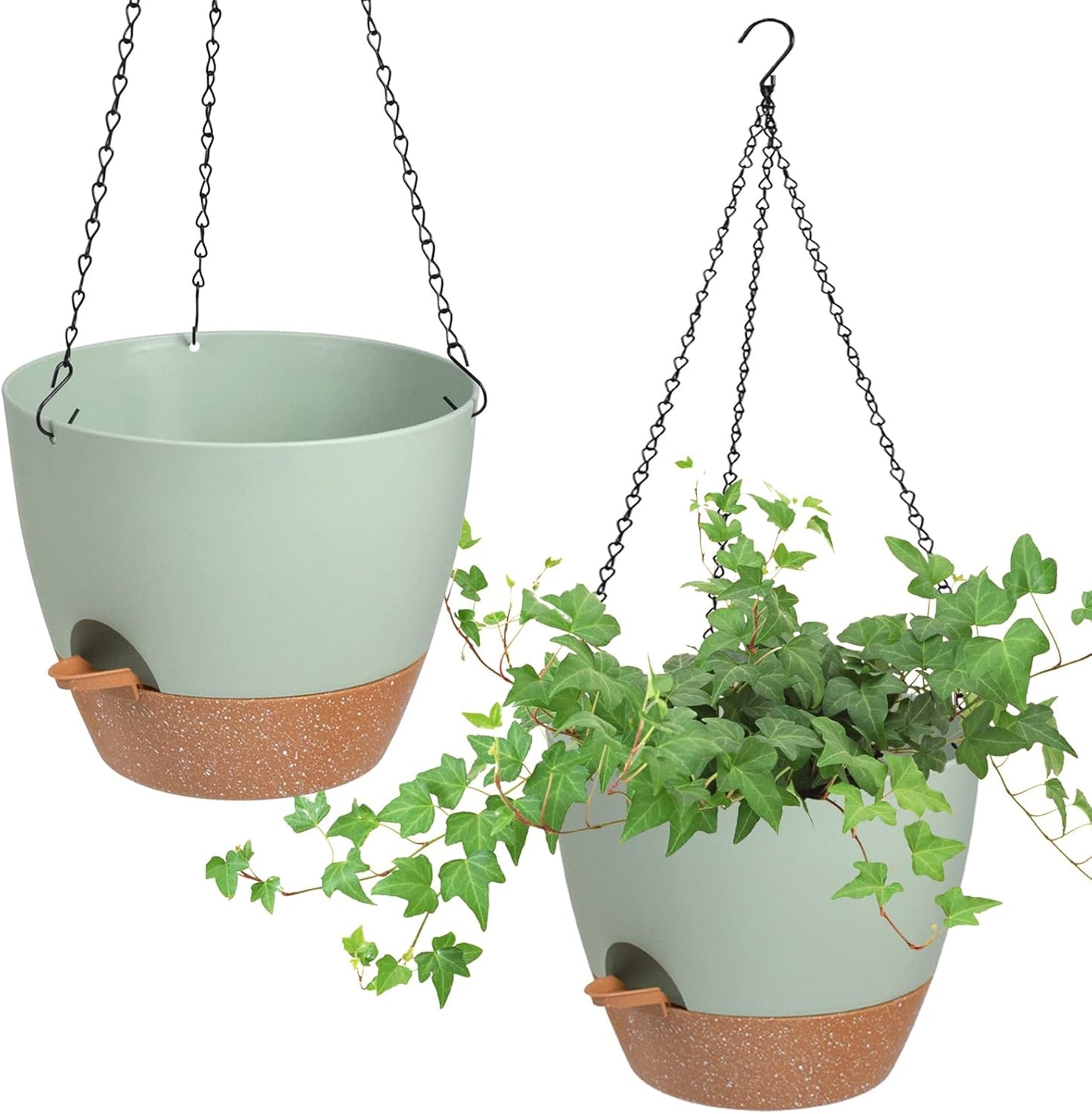 Hanging Planters for Indoor Outdoor Plants, 2 Pack Self Watering Hanging Pot with Drainage Holes & Removable Tray (Green, 10'')