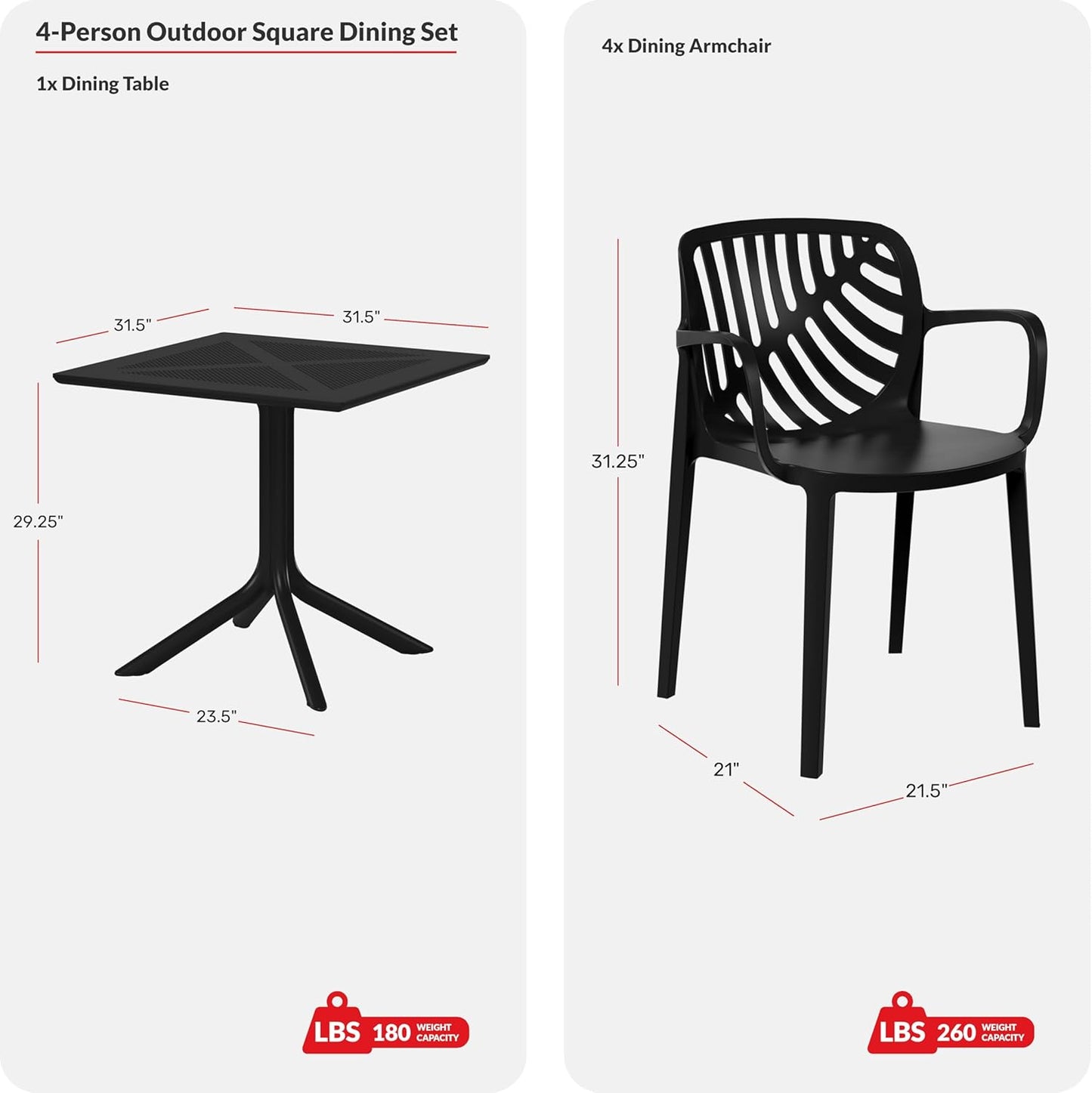 Breakfast Table Set for 4, HDPE Patio Square Dining Table and Stackable Chairs, Outdoor Small Patio Furniture Set All Weather for Backyard Porch Poolside, Black