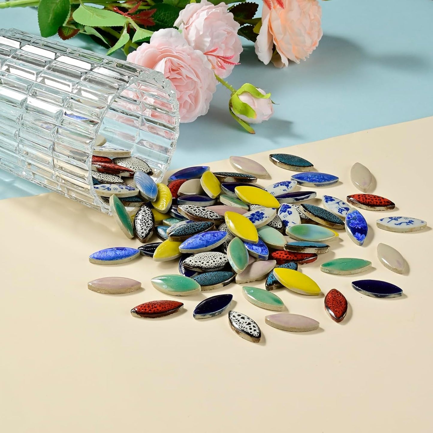 70 Pieces Petal Ceramic Tiles Mosaic Tiles, Bulk Ceramic Mosaic Pieces Stepping Stone Crafts Making Supplies for Home Outdoor Floor Vase Tabletop Decoration - Dark Blue