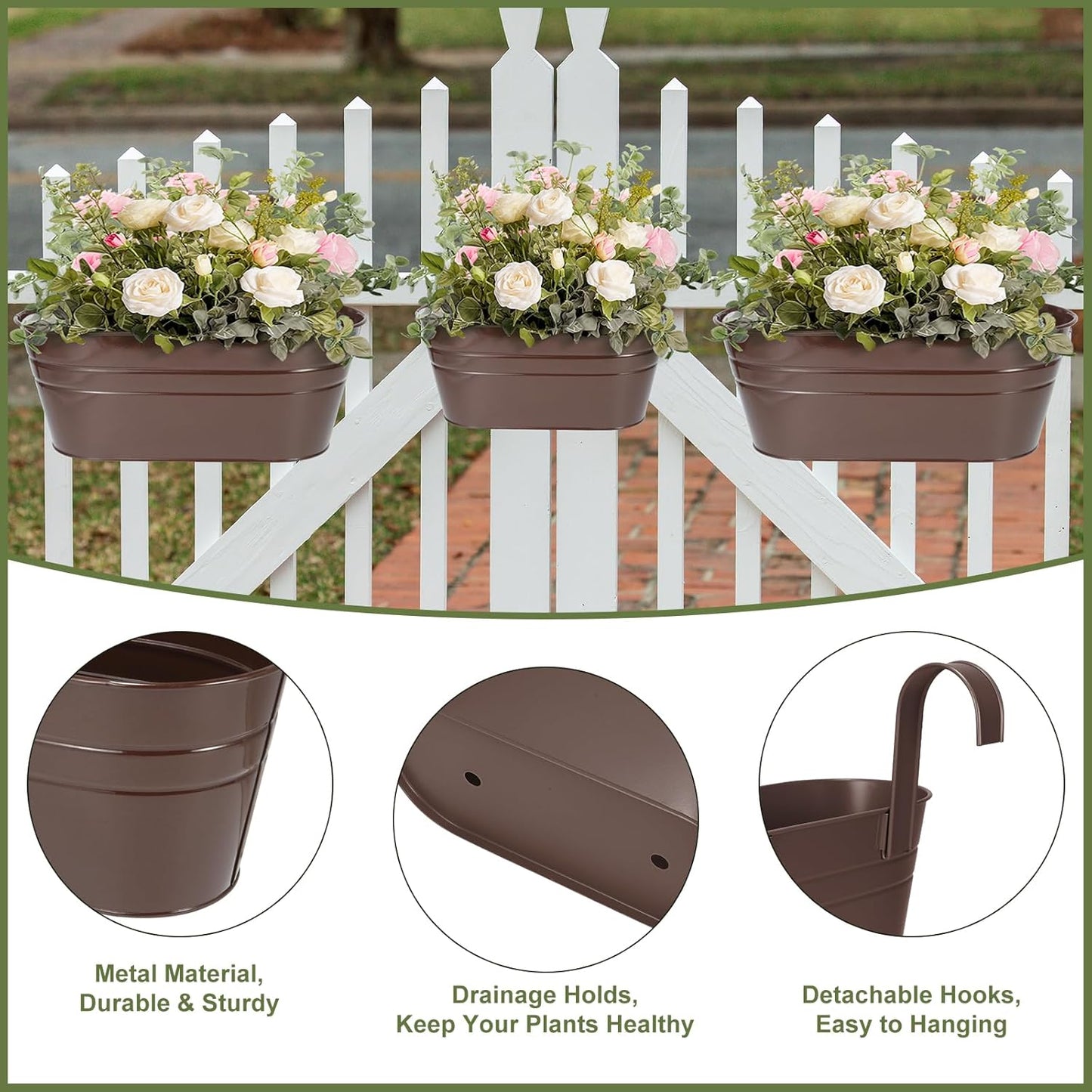 3 Different Size Metal Iron Hanging Flower Pots 13 Pcs for Outdoor Plants Metal Hanging Bucket Pots Iron Railing Fence Planter with Drainage Holes and Hooks for Porch Railing Balcony Fence (Bronze)