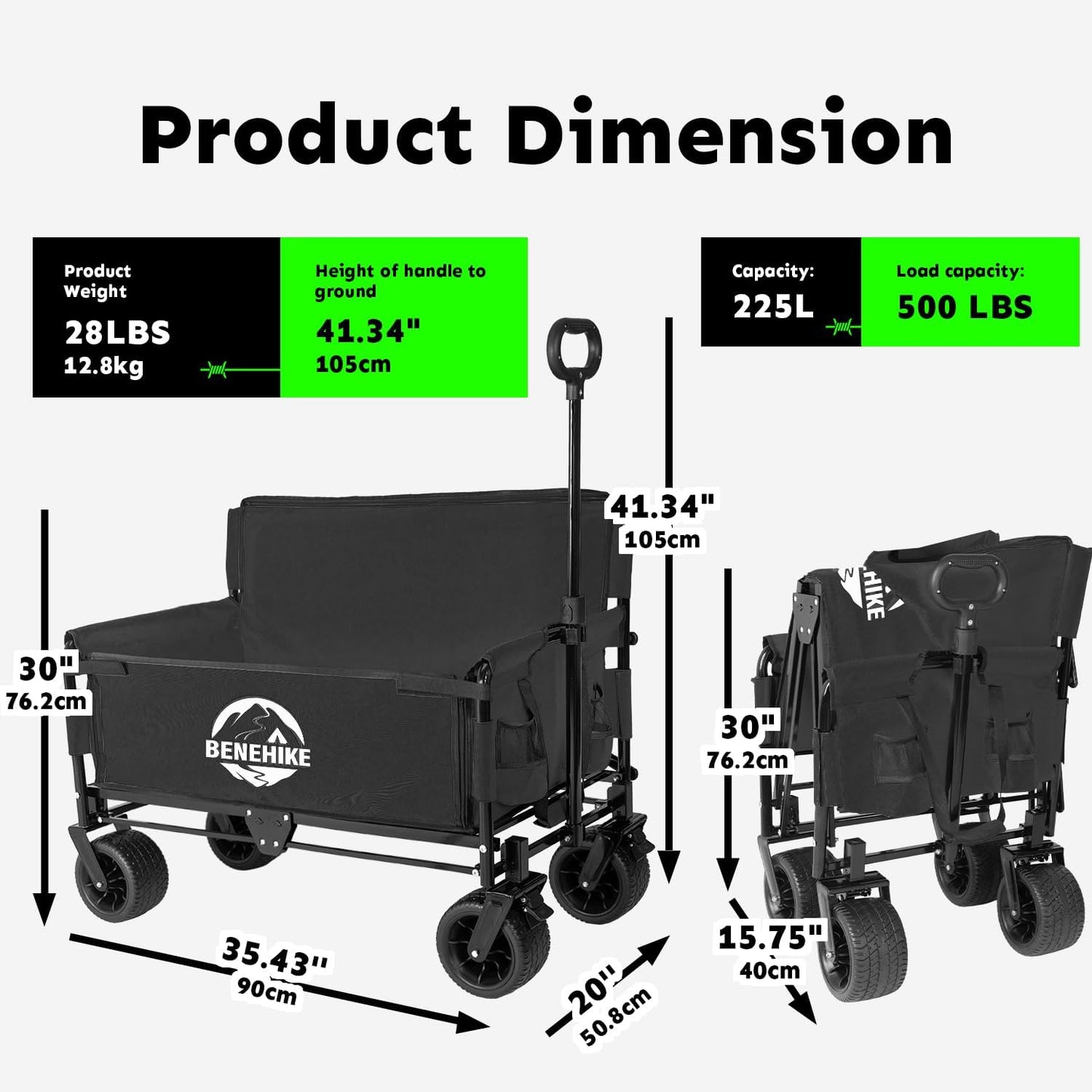 3-in-1 Large Collapsible Folding Wagon, BENEHIKE Foldable Beach Wagon with Rotated Wheels, 500lbs/225L Outdoor Utility Wagon Convert to Bench for Sand, Groceries, Camping, Sports, Shopping (Black)