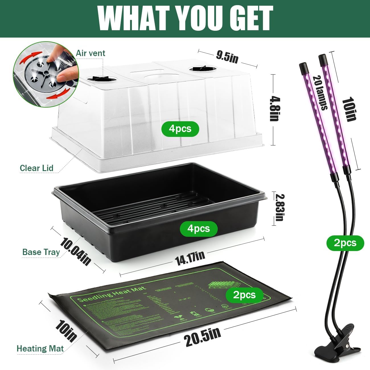4-Pack Seed Starter Kit with Adjustable Grow Lights & 2 Heat Mats – 5'' Humidity Domes for Indoor Plants, Vegetables, Seedlings, Full Spectrum 20W, 4000K LED Light and Germination Tray with Vents