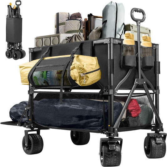 Double Decker Wagon 600lb Capacity & 400L Collapsible Sports Wagon with Big Wheels 54" Extended Utility Folding Cart for Camping Fishing & Outdoor Use
