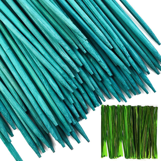 TIHOOD 100PCS 18" Wooden Garden Stakes with 100PCS 4" Garden Ties, Green Bamboo Sticks, Floral Plant Support, Tomato Stakes