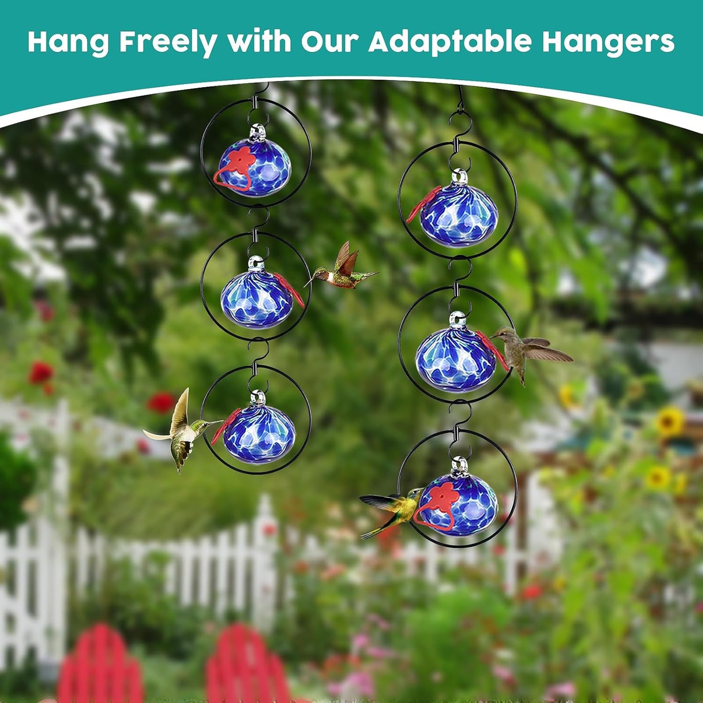Flexible 6 Pack Hummingbird feeders for Outdoors Hanging Ant and Bee Proof,Detachable Hand Blown Glass Hummingbird Feeder with 6 Adjustable Silicone Perch(Dotted Blue)