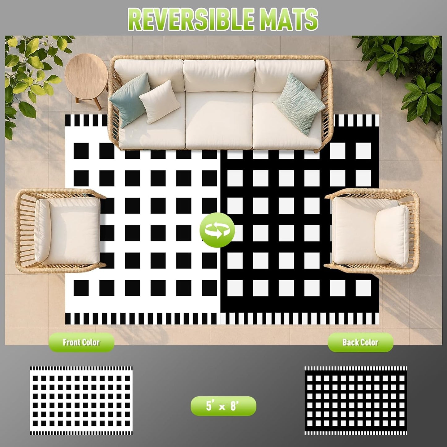 WILDROOTS 5x8 Feet Horizontal Edge Check Plastic Outdoor Rug, Stain Resistant Waterproof Reversible Outdoor Patio Rug, Fade Resistant Camping Rug