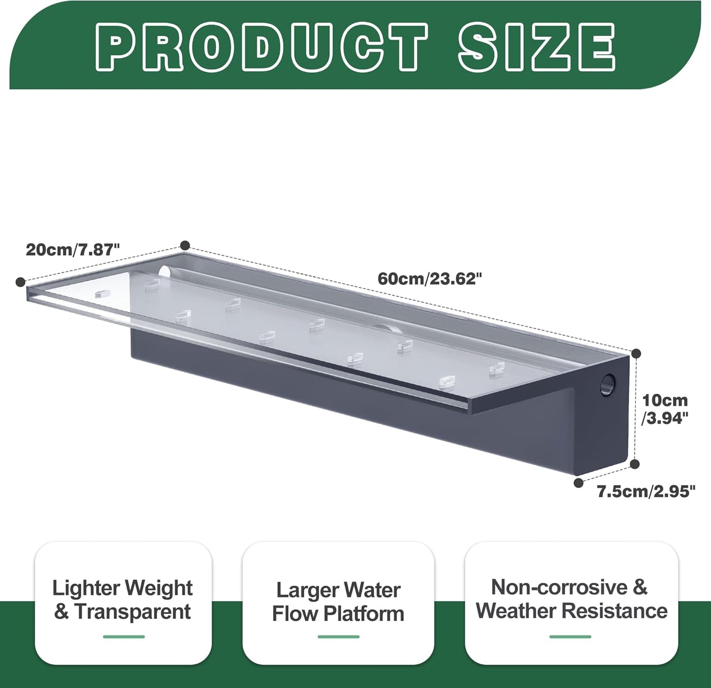 Pool Fountain, LONGRUNNEW Transparent Acrylic Pool Waterfall Spillway with Pipe Connector Kits for Indoor/Outdoor Decorative, 23.6 Inches Pool Water Feature for Garden Patio, Backyard Koi Pond Decor