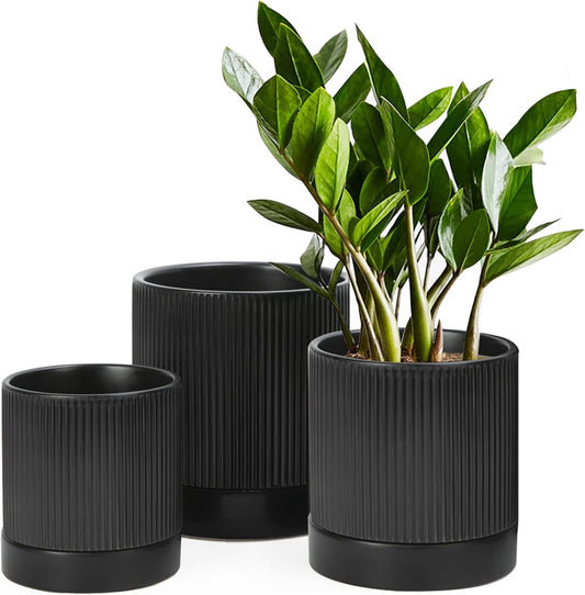 LaDoVita 3 Pack Ceramic Plant Pots 6/5/4 inch, Flowerpot for Indoor Plants with Drainage Holes and Tray, Outdoor Garden Planters, Modern Decorative for Home, Black Vertical Stripes