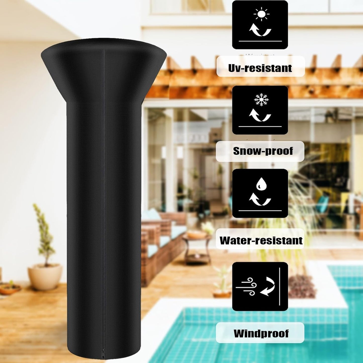 SIRUITON Patio Heater Covers with Zipper and Air Vent,Waterproof Outdoor Heater Cover, Dustproof,Wind-Resistant,UV-Resistant,Snow-Resistant,（89" Height x 33" Dome x 19"Base, 420D Black）
