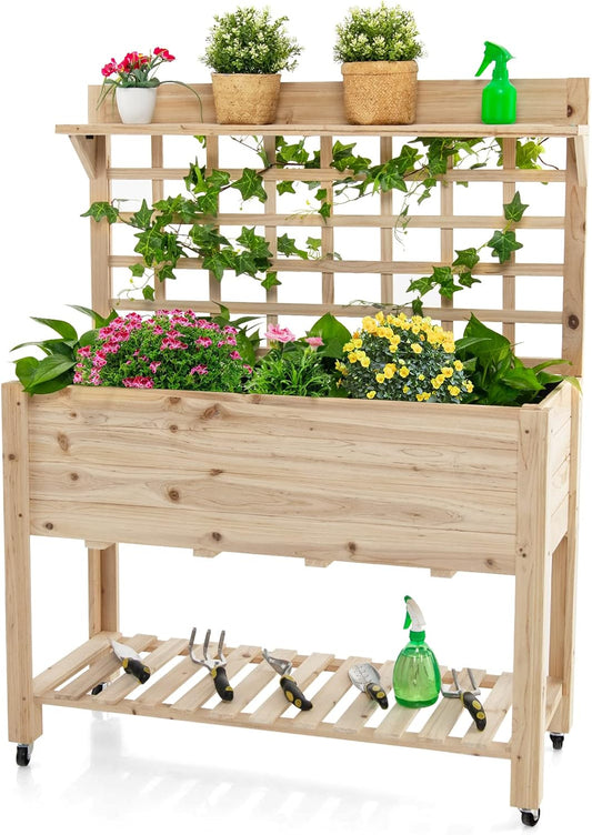 S AFSTAR Raised Garden Bed with Trellis, 41.5x16x54in Mobile Elevated Planter Box with Wheels, Bed Liner, Top/Bottom Storage Shelves, Freestanding Wood Planter Stand for Garden Patio Balcony