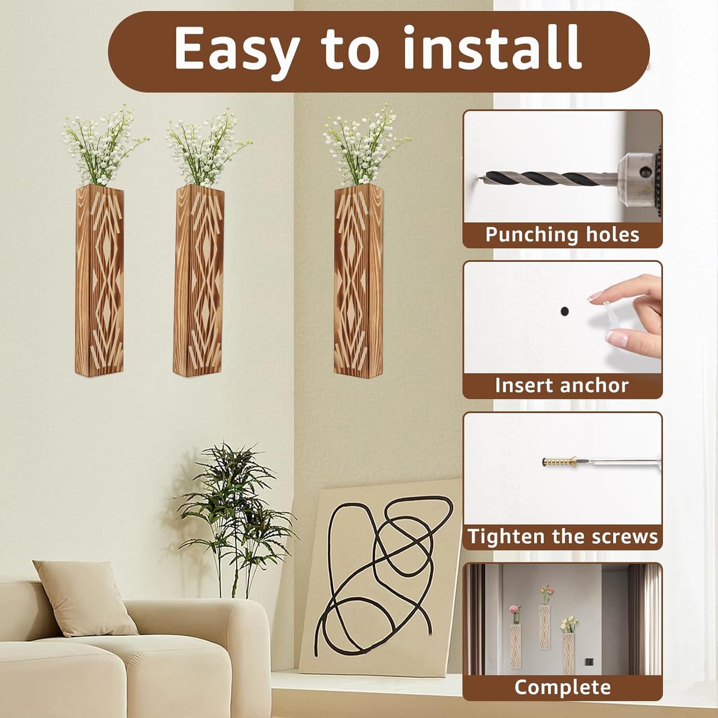 3PCS Wood Wall Planter for Indoor Plants, Wall Planter Vase, Stylish Wood Hanging Vase, Decorative Wood Wall Pocket Vase, Rectangular Hanging Planter for Living Room Bedroom Office(Brown)