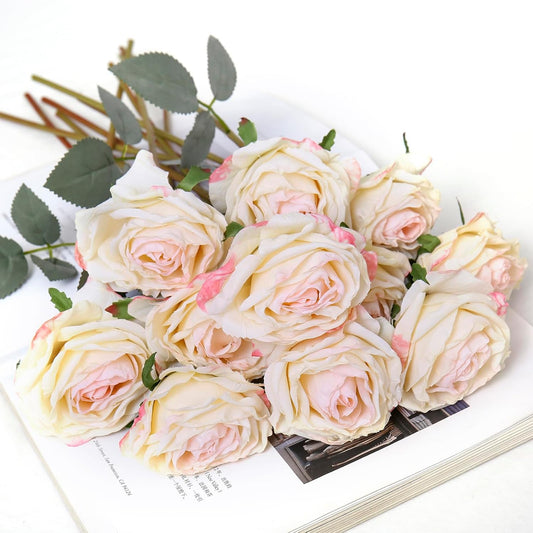 Kimura's Cabin 12pcs Lifelike Faux Silk Roses Flowers with Stem Artificial Rose Bouquet Fake Vintage Roses Dried Flower for Valentines Day Home Centerpiece Wedding Party DIY Decoration(Pink White)