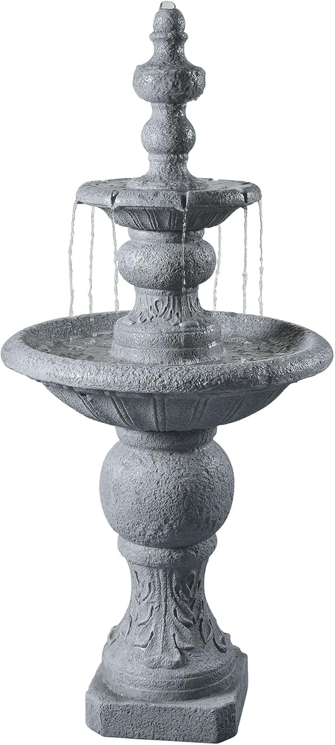 Teamson Home 52.56 in. Outdoor Two-Tier Water Fountain with Realistic ICY Stone Texture for Outdoor Living Spaces Creating a Calming Oasis for Gardens, Landscaping, Patios, Balconies, Lawns, Gray