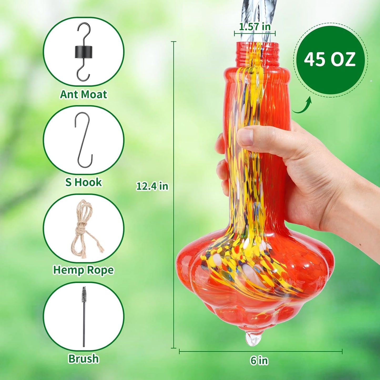 45 Ounce Hummingbird Feeders for Outdoors Hanging Ant and Bee Proof, Unique Hand Blown Glass Hummingbird Nectar Feeder, Gifts for Garden Decor Backyard, Red Feather
