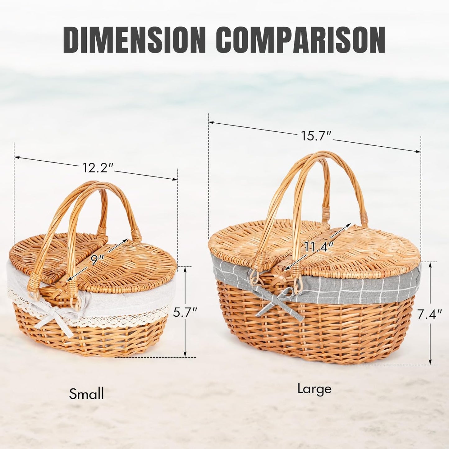 Happypicnic Wicker Picnic Basket with Handle, 15" Large Empty Picnic Basket with Lid & Removable Liner, Vintage Hand Woven Basket for Picnics, Camping, Veg Picking, Mother's Day, Thanksgiving (Check)