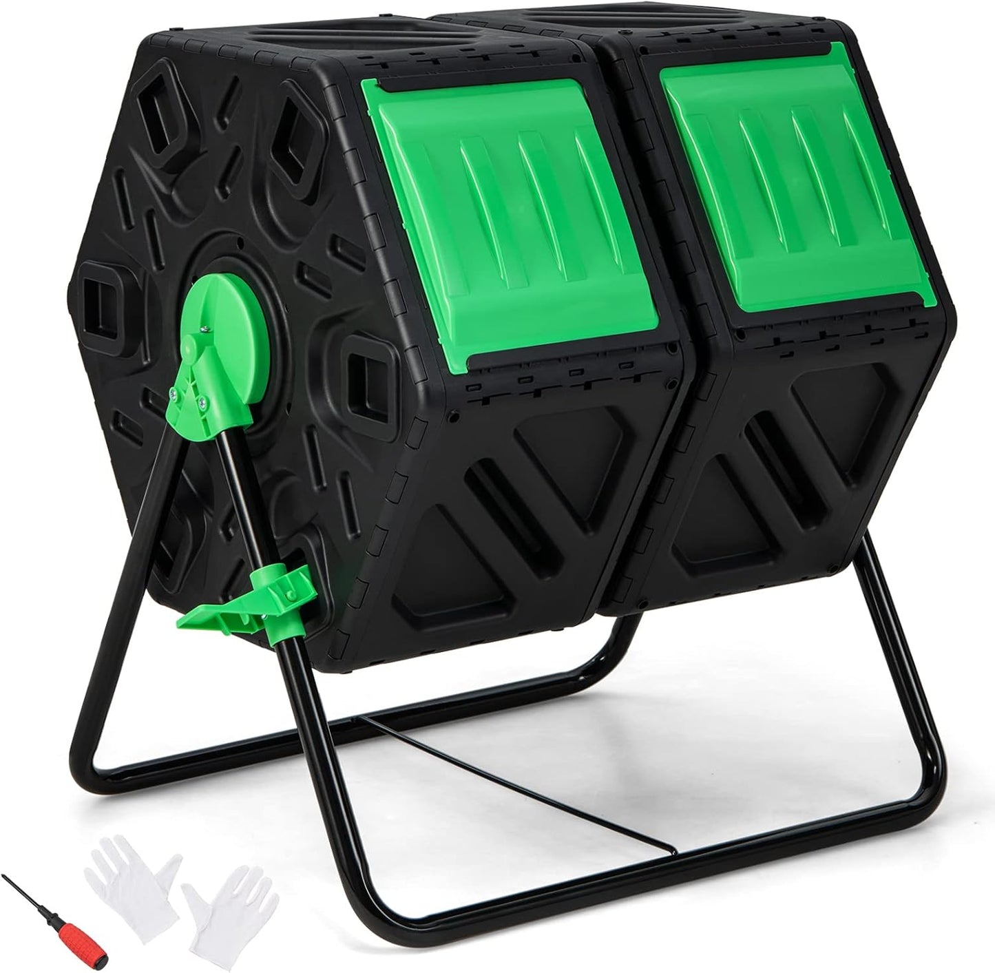 Goplus Compost Bin, Dual Chamber 34.5 Gal Compost Tumbler with 2 Rotating Chambers, Sliding Doors, High-Volume Outdoor Garden Composter, Rotating Composting Bin for Garden Yard, BPA Free