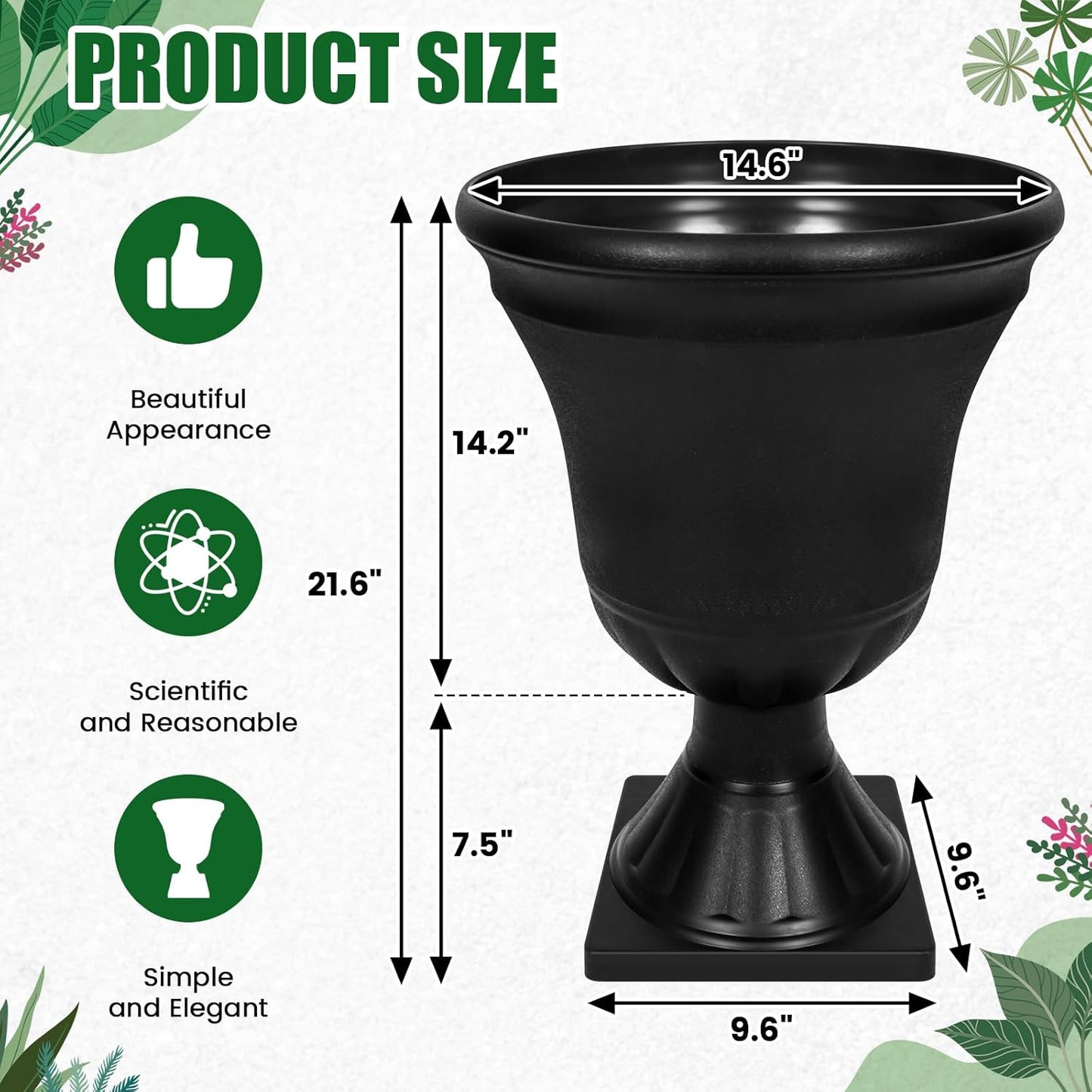 Dandat 4 Pack Large Outdoor Urn Planter 22 inch Tall Plastic Planter for Front Proch Classic Vase Decorative Garden Pot for Indoor Outdoor Door Patio Deck Decor(Black)