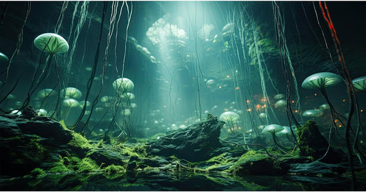 Aquarium Background Foggy Stone Mushroom Green Moss Fish Tank Background Mysterious Green Seaweed Scenery Aquarium Backgrounds White Mushroom Reptile Tank Enclosure Backgrounds Wallpaper 24x12in