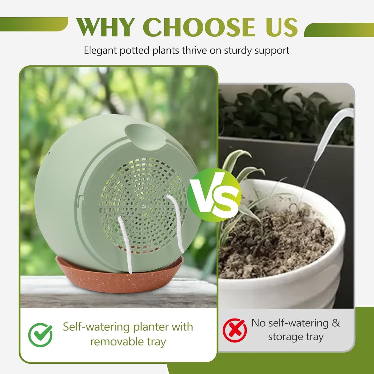 GARDIFE Hanging Planters for Indoor Outdoor Plants, 2 Pack Self Watering Hanging Pot with Drainage Holes & Removable Tray (Green, 12 inch)