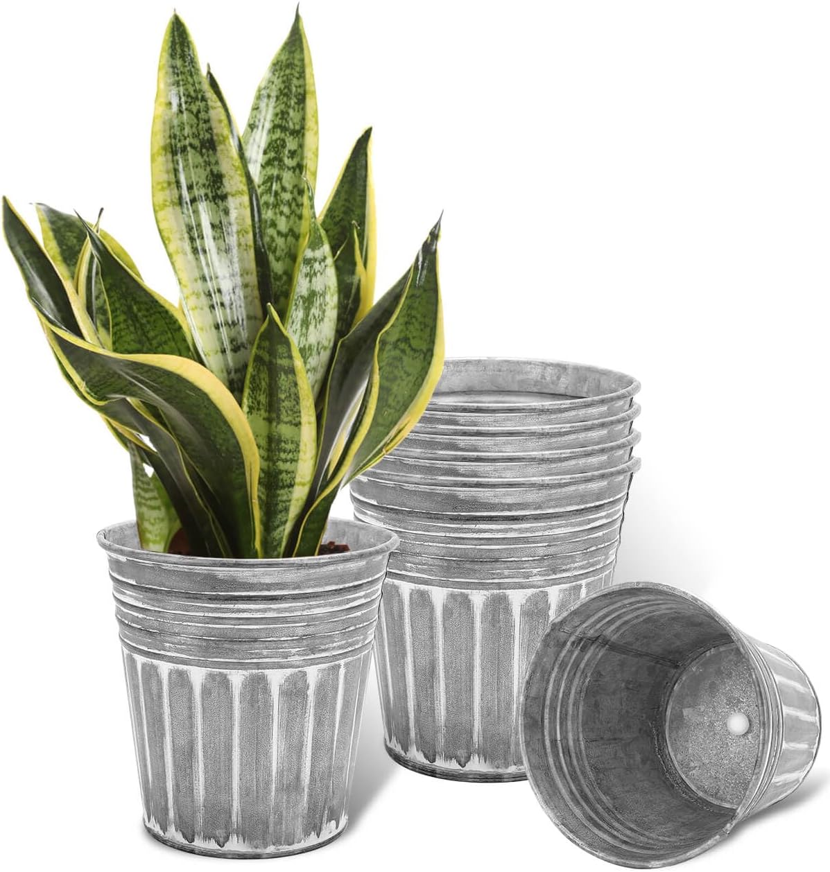 vensovo 7 Inch Silver Metal Rustic Flower Pots - 6Pcs Medium Galvanized Planters with Drainage Hole and Rubber Plug, Rustproof Metal Bucket Plant Pots Farmhouse Vintage Style for Decor