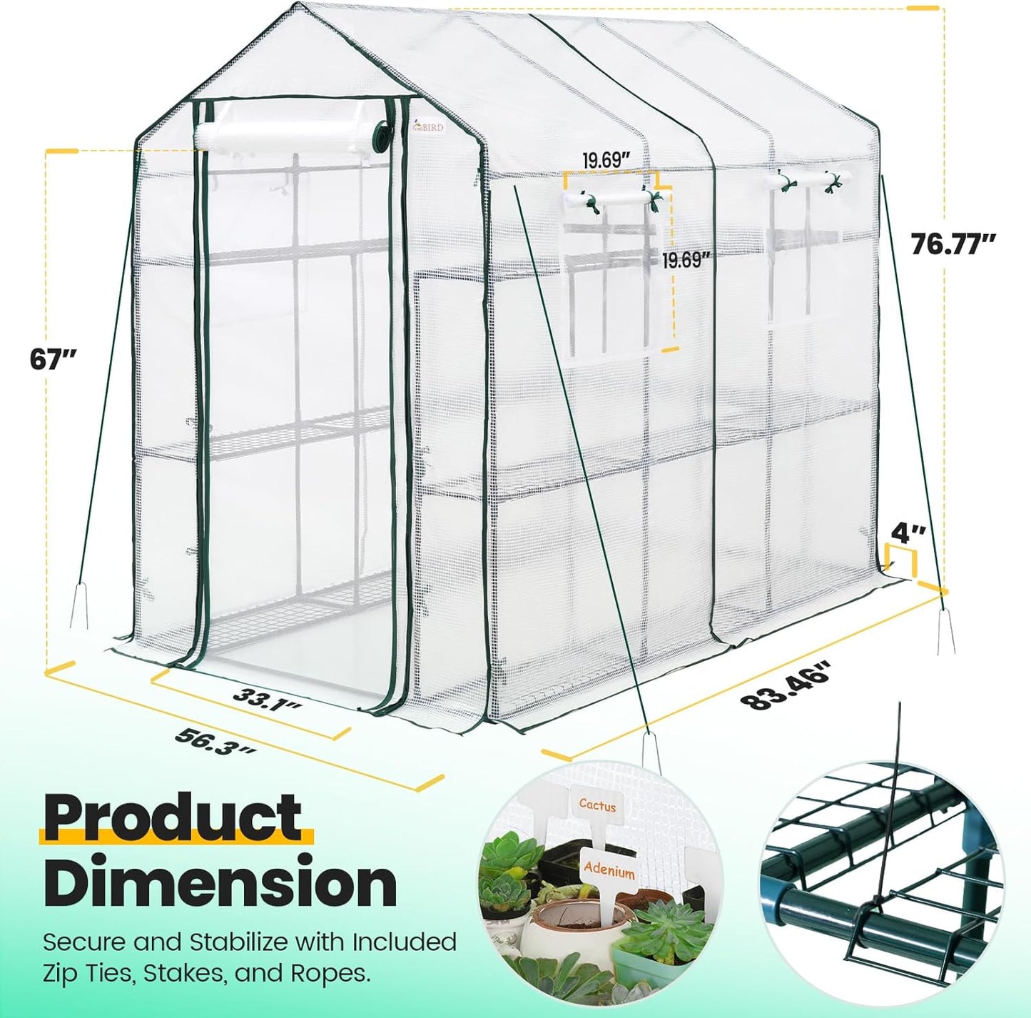 KING BIRD Premium Greenhouse for Outdoors, 84 x 56 x 77 Upgraded PE Cover & Steel Frame Walk in Hot House, w/ Zippered Screen Windows Mesh Door, 3 Tiers 20 Shelves for Outside Garden, White