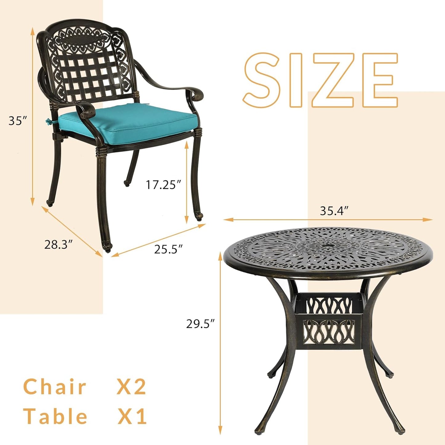 3-Piece Outdoor Patio Dining Set, All-Weather Cast Aluminum Patio Furniture Set for Backyard Garden Deck with 2 Cushioned Chairs and 35.4” Round Table, 2" Umbrella Hole, Ocean Blue