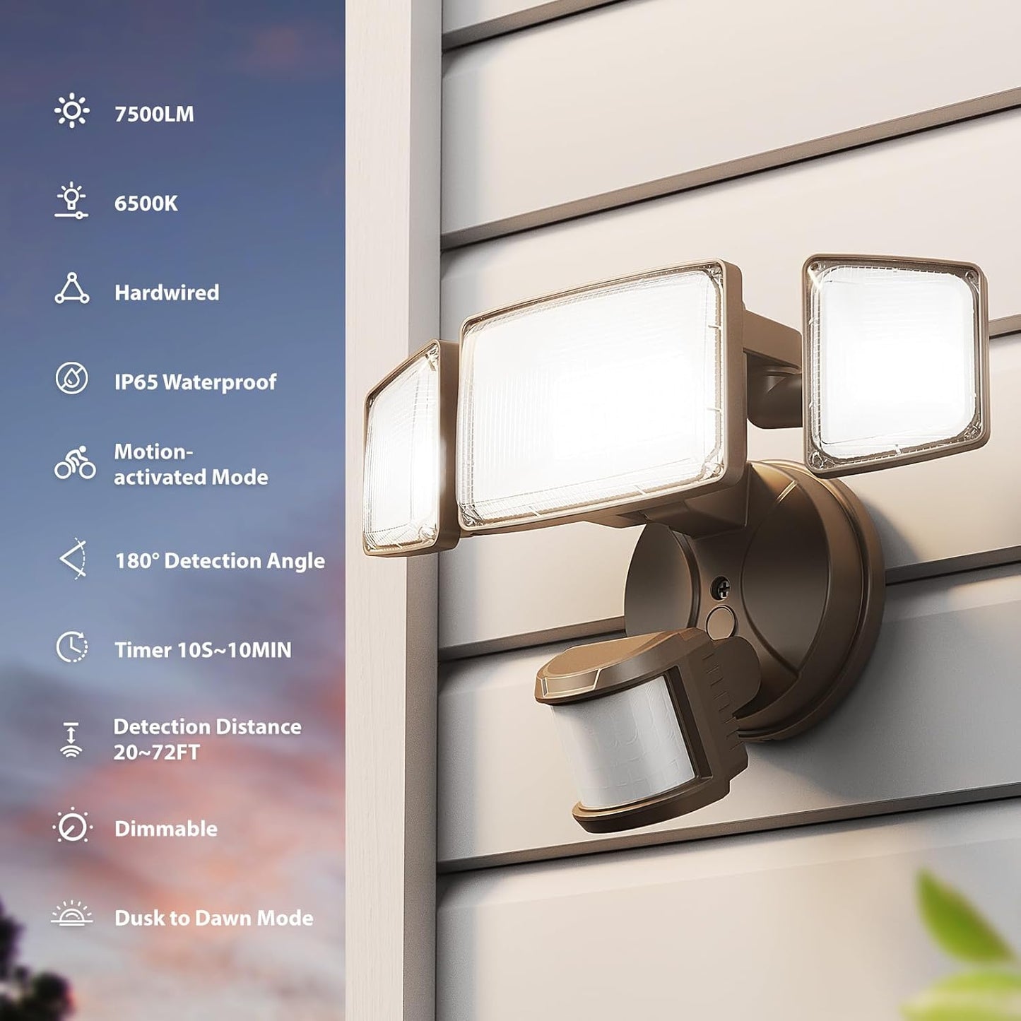 Onforu 75W LED Motion Sensor Outdoor Lights, Dusk to Dawn Flood Light Outdoor Motion Sensor, Hardwired Security Lights Floodlights Outside 7500LM 6500K Daylight IP65 Waterproof (Brown)