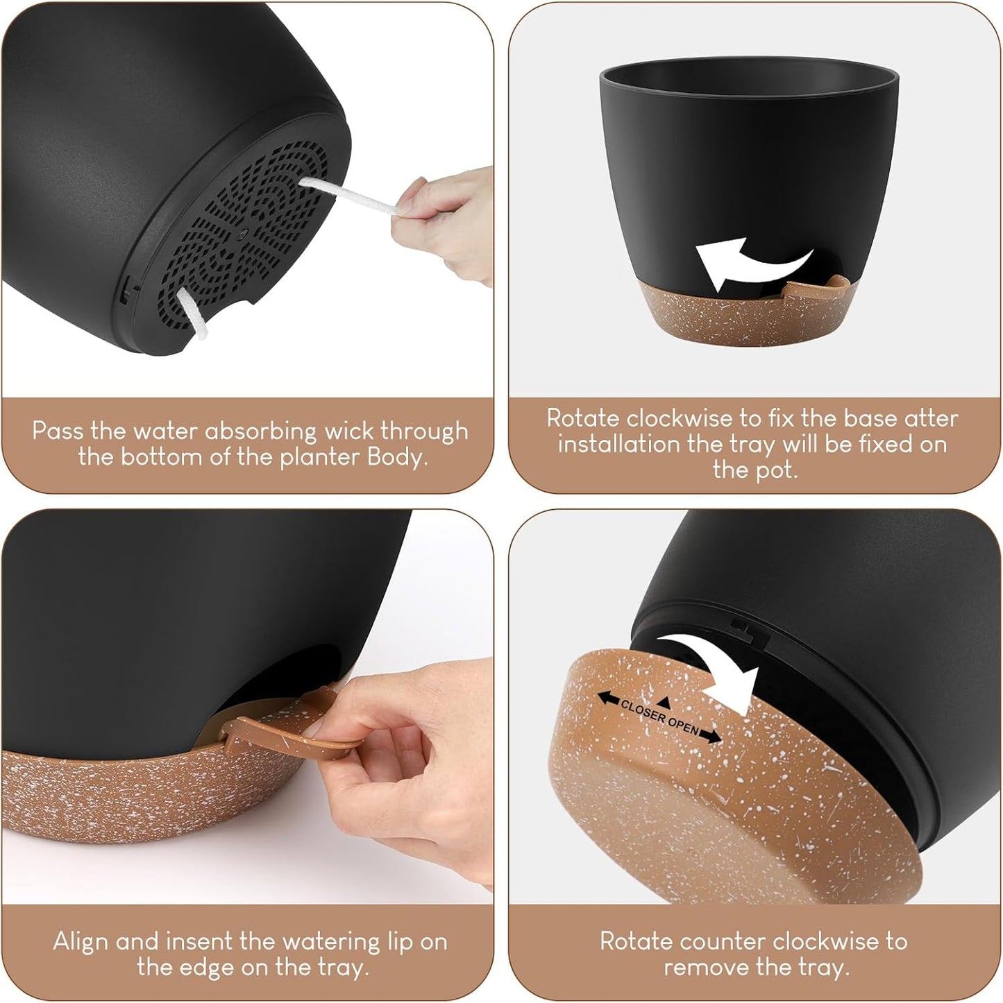 Plant Pots 10/9/8/7.5/7 inch, Self Watering Planters with Drainage Holes & Saucers for Indoor and Outdoor Plants (Black)