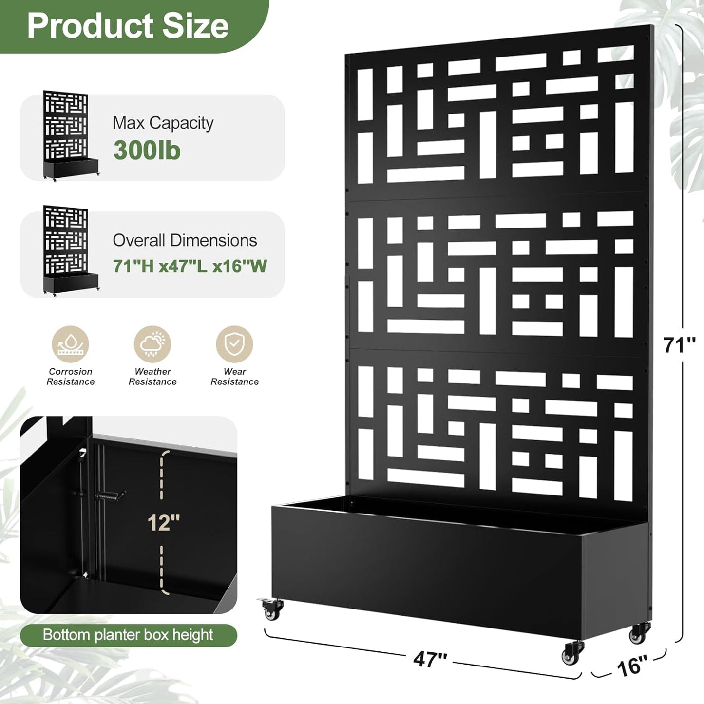 Metal Planter Box with Trellis, 71"x 47"x 16" Raised Garden Bed with Trellis & Wheels, Privacy Planters for Patio, Planter Box with Drainage Holes for Climbing Plants, Flower, Vegetable