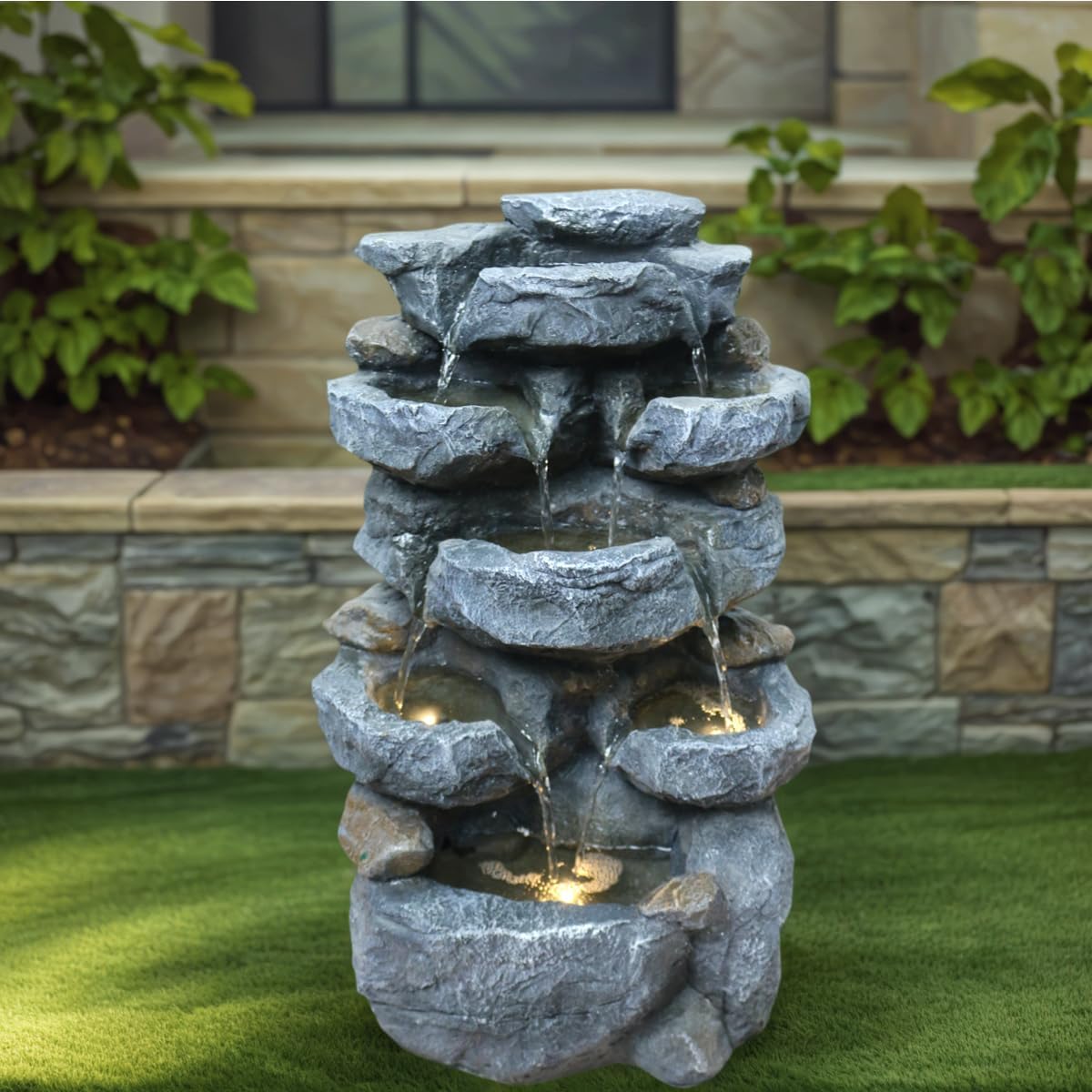 Water Fountain with Lights Outdoor Garden Decor,5-Tier Cascading Rock Waterfall for Indoor Patio Backyard Porch Art Decoration 21.6 Inches