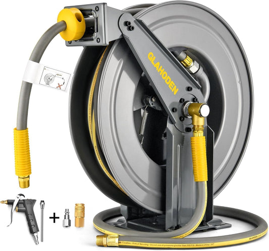 Double Arm Retractable Air Hose Reel, 3/8 in × 65 ft Hybrid Hose Heavy Duty Steel Professional Air Compressor Hose Reel with 5 ft Lead in Max 300PSI Auto Rewind Quick Coupler Swivel Fitting