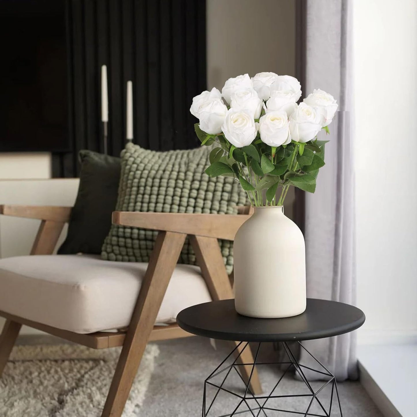 12 pcs White Roses Artificial Flowers Vintage Burnt Edge Rose 20" Realistic Silk Roses Bouquet with Long Stem for Wedding Party Floral Centerpieces Decoration (White)