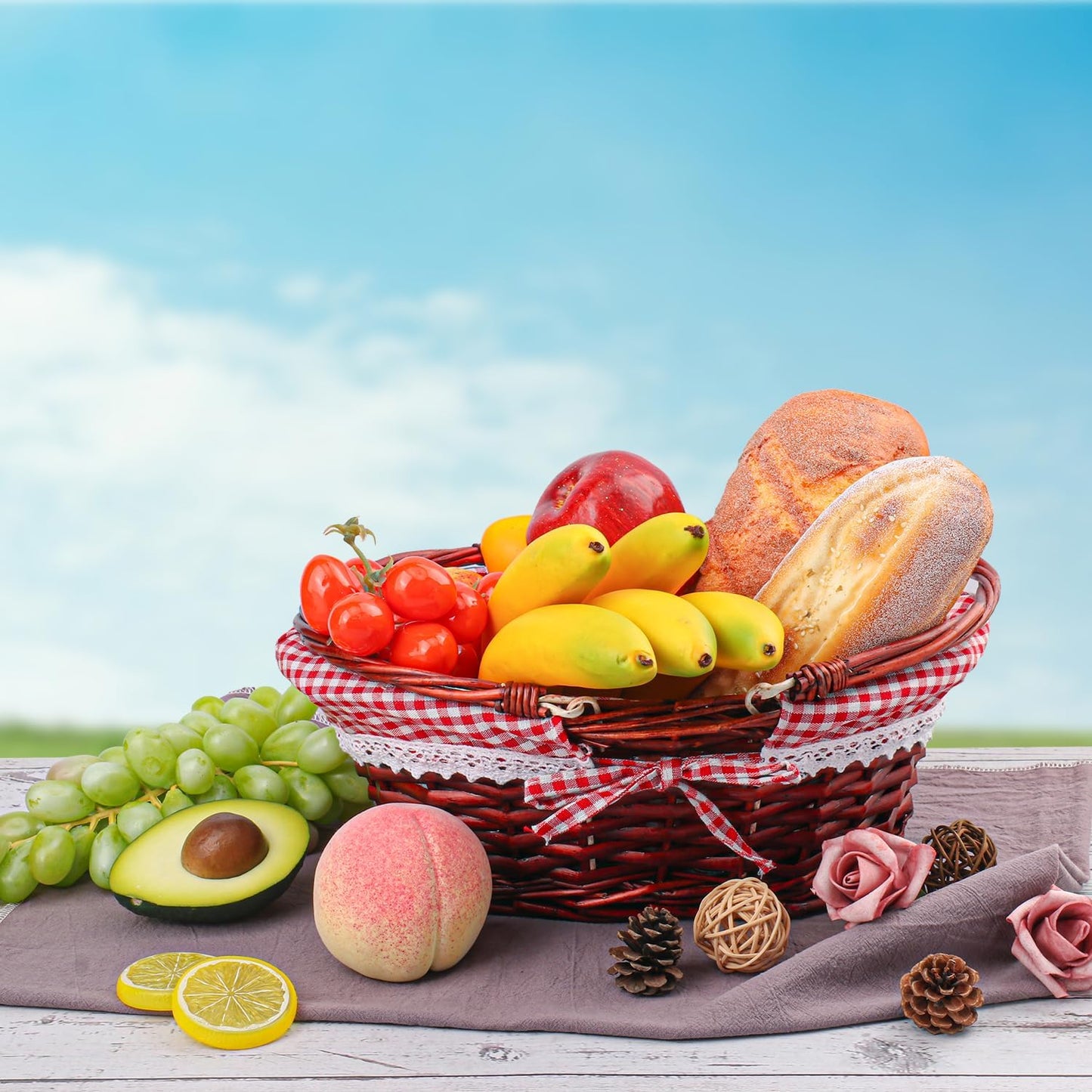 2 Pack 12.6 Inch Brown Wicker Basket with Checkered Lining, Oval Wicker Woven Basket with Handle, Willow Woven Picnic Baskets for Picnic, Camping, Party(Small)