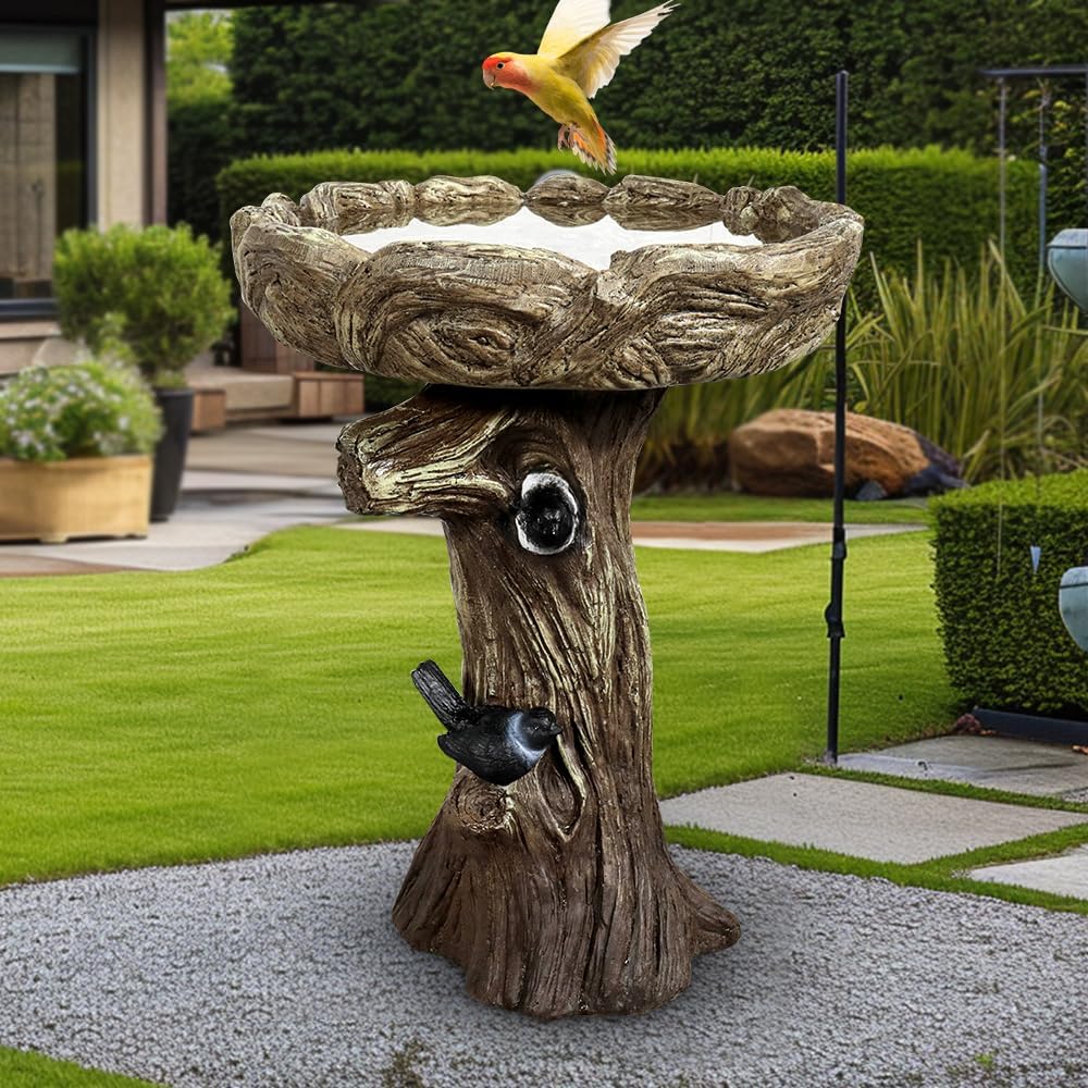 SKYFIRE 23” Tall Fibre Reinforced Concrete Birdbaths with Birds for Patio, Woodland Tree Trunk Decorative Outdoor Bird Bath for Garden，Pedestal Birdbaths for Outdoors, Garden, Patio, Lawn, Backyard
