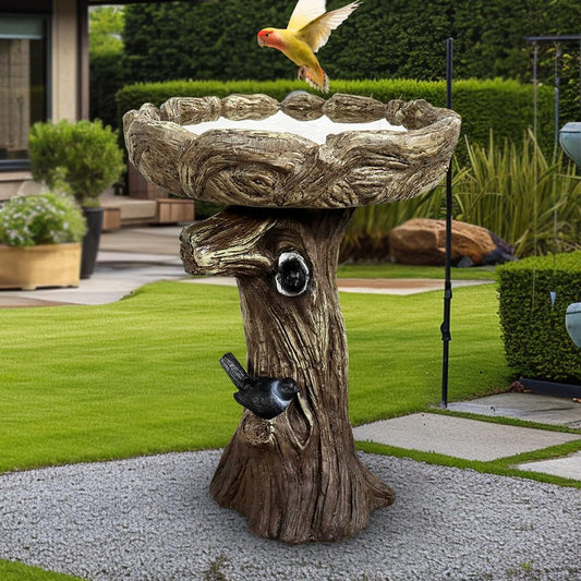 SKYFIRE 23” Tall Fibre Reinforced Concrete Birdbaths with Birds for Patio, Woodland Tree Trunk Decorative Outdoor Bird Bath for Garden，Pedestal Birdbaths for Outdoors, Garden, Patio, Lawn, Backyard